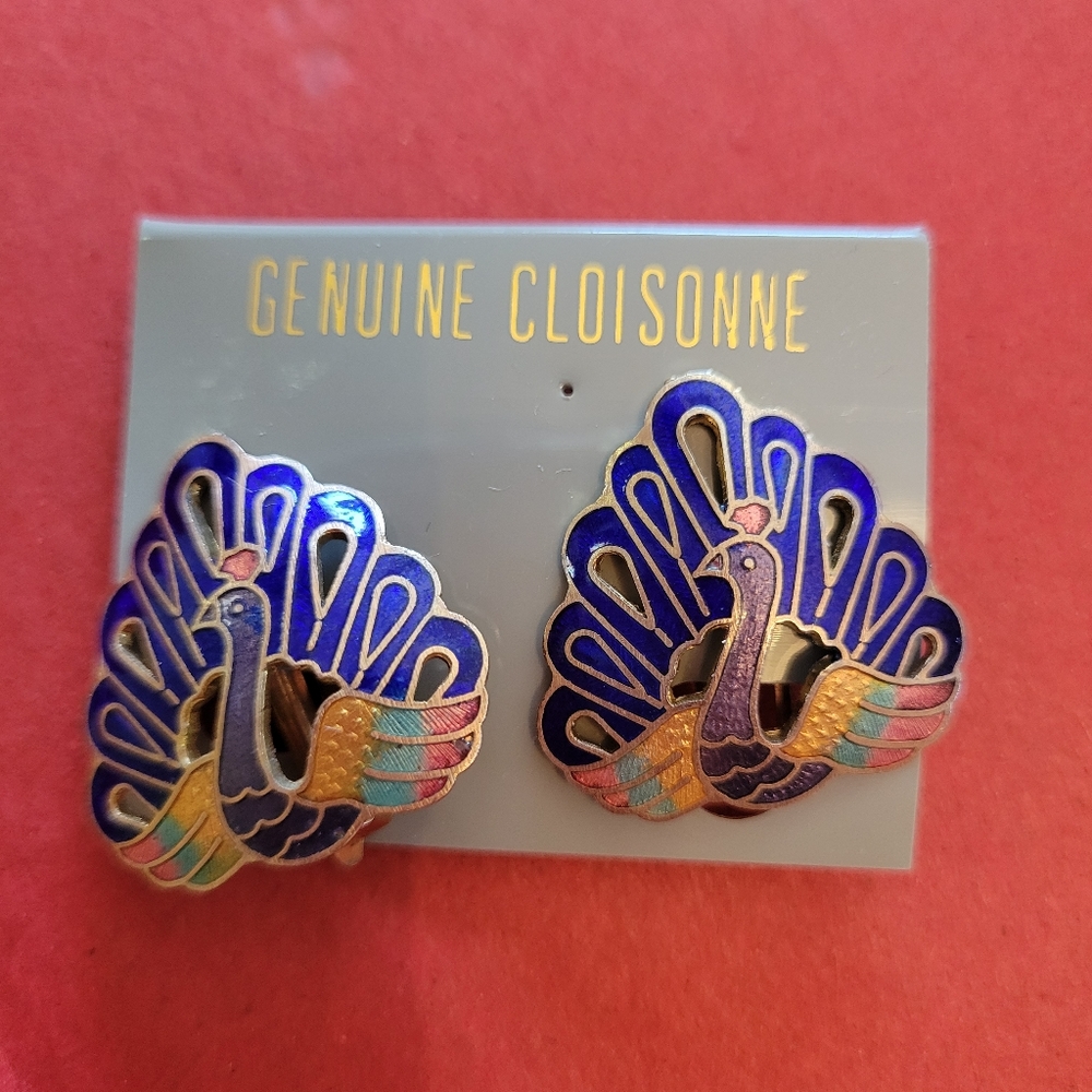 Cloisonne Peacock Earrings ~ Clip-On ~ Pretty! 1990s-Y2K era?
